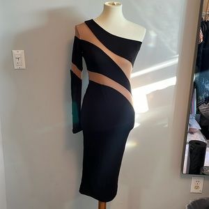 Elegant Black and Tan Off-Shoulder Midi Dress